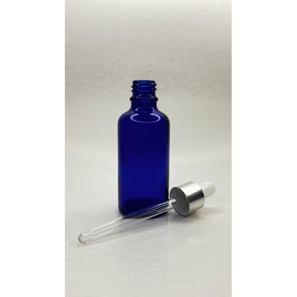 50 ml Mavi Cam Damlalıklı Şişe Gümüş Kapak Beyaz Emzik