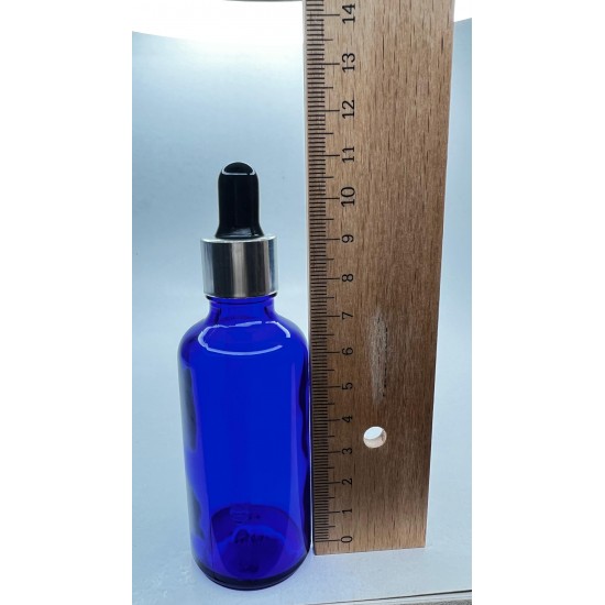 50ml Mavi Cam Damlalıklı Şişe Gümüş Kapak Siyah Emzik