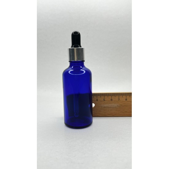 50ml Mavi Cam Damlalıklı Şişe Gümüş Kapak Siyah Emzik