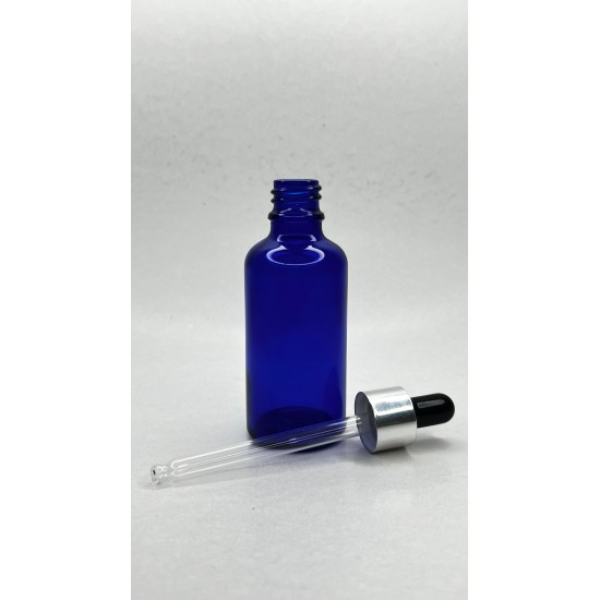 50ml Mavi Cam Damlalıklı Şişe Gümüş Kapak Siyah Emzik