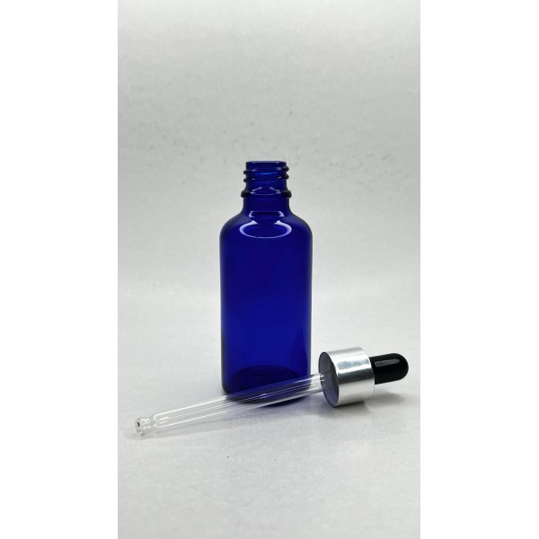 50ml Mavi Cam Damlalıklı Şişe Gümüş Kapak Siyah Emzik
