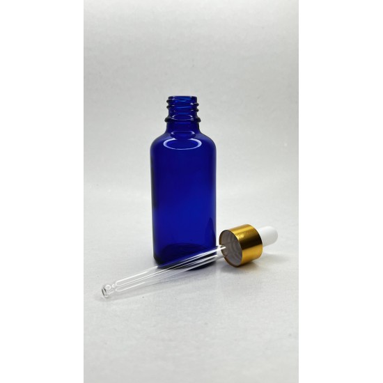 50 ml Mavi Cam Damlalıklı Şişe Gold Kapak Beyaz Emzik