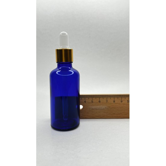 50 ml Mavi Cam Damlalıklı Şişe Gold Kapak Beyaz Emzik