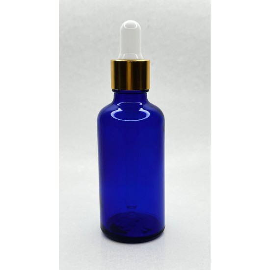 50 ml Mavi Cam Damlalıklı Şişe Gold Kapak Beyaz Emzik