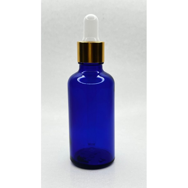 50 ml Mavi Cam Damlalıklı Şişe Gold Kapak Beyaz Emzik