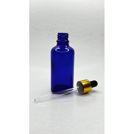 50 ml Mavi Cam Damlalıklı Şişe Gold Kapak Siyah Emzik