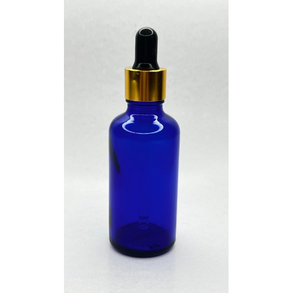 50 ml Mavi Cam Damlalıklı Şişe Gold Kapak Siyah Emzik