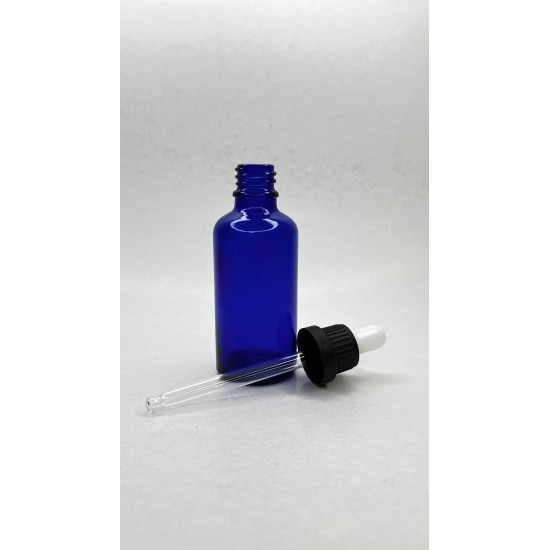 50 ml Mavi Cam Damlalıklı Şişe Siyah Kapak Beyaz Emzik