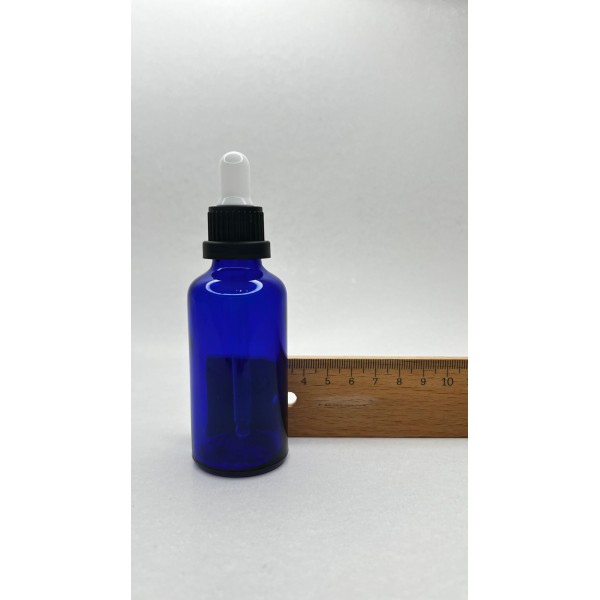 50 ml Mavi Cam Damlalıklı Şişe Siyah Kapak Beyaz Emzik