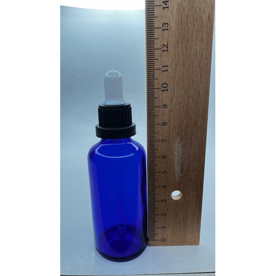 50 ml Mavi Cam Damlalıklı Şişe Siyah Kapak Beyaz Emzik