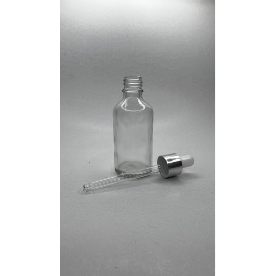 50 ml Şeffaf Cam Damlalıklı Şişe Gümüş Kapak Beyaz Emzik