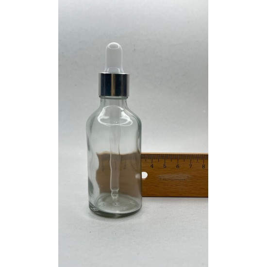 50 ml Şeffaf Cam Damlalıklı Şişe Gümüş Kapak Beyaz Emzik