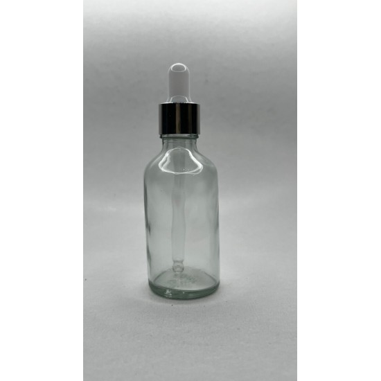 50 ml Şeffaf Cam Damlalıklı Şişe Gümüş Kapak Beyaz Emzik
