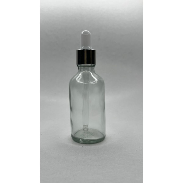 50 ml Şeffaf Cam Damlalıklı Şişe Gümüş Kapak Beyaz Emzik
