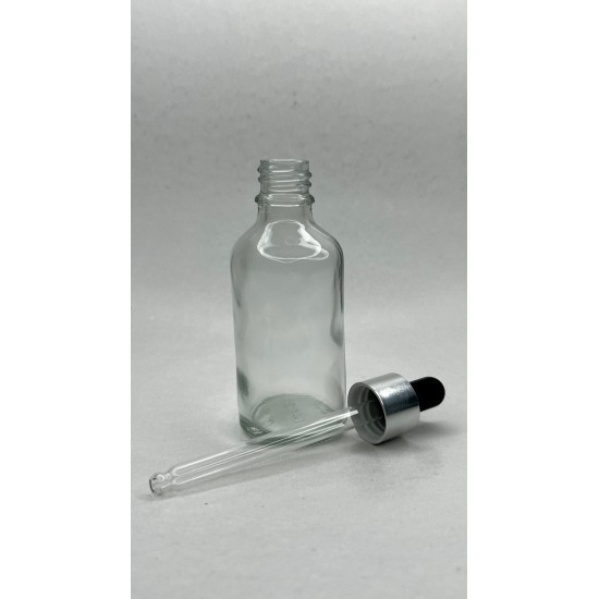 50 ml Şeffaf Cam Damlalıklı Şişe Gümüş Kapak Siyah Emzik