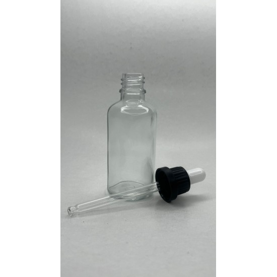 50 ml Şeffaf Cam Damlalıklı Şişe Siyah Kapak Beyaz Emzik