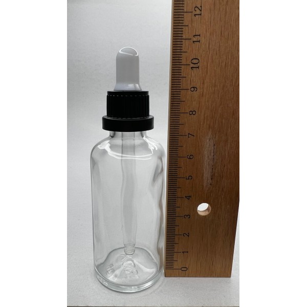 50 ml Şeffaf Cam Damlalıklı Şişe Siyah Kapak Beyaz Emzik