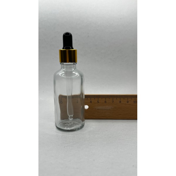 50 ml Şeffaf Cam Damlalıklı Şişe Gold Kapak Siyah Emzik