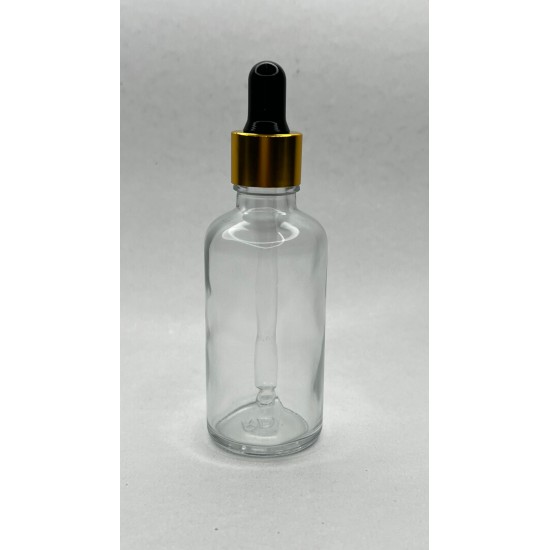 50 ml Şeffaf Cam Damlalıklı Şişe Gold Kapak Siyah Emzik