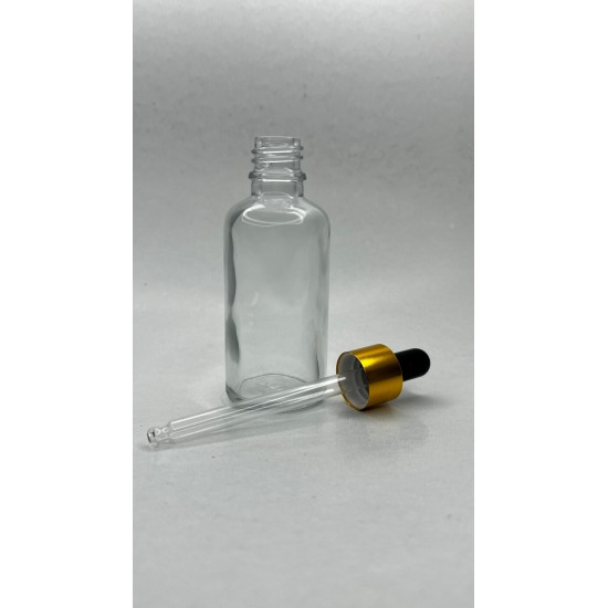 50 ml Şeffaf Cam Damlalıklı Şişe Gold Kapak Siyah Emzik