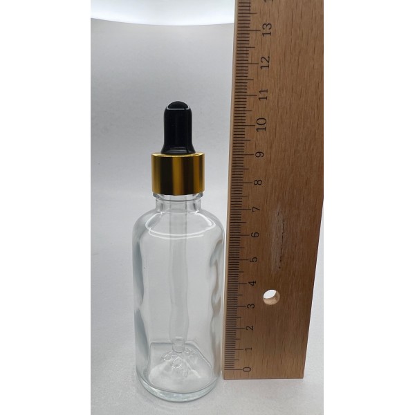 50 ml Şeffaf Cam Damlalıklı Şişe Gold Kapak Siyah Emzik