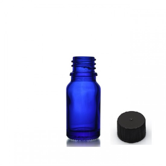 10 ml Mavi (Kobalt) Cam Şişe Siyah Plastik Düz Kapaklı