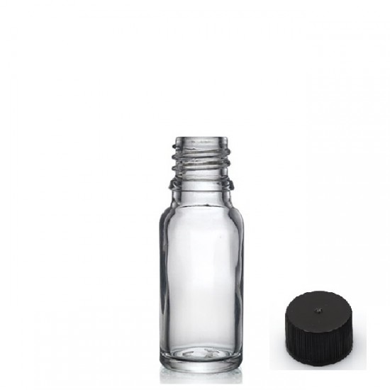 20 ml Şeffaf Cam Şişe Siyah Plastik Düz Kapaklı