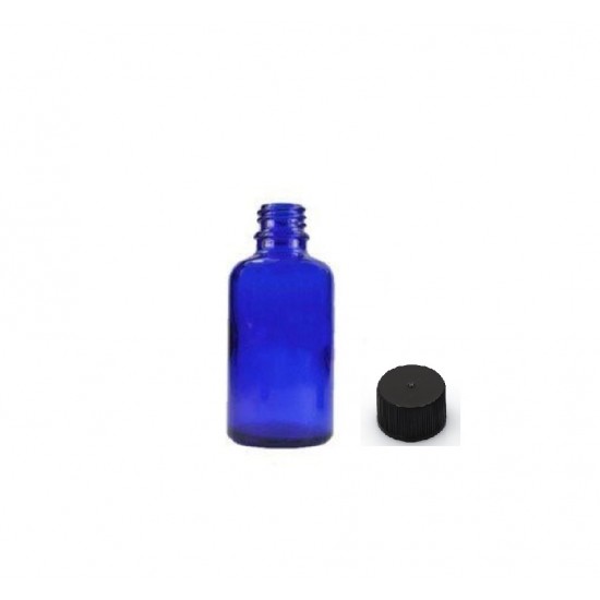 30 ml Mavi (Kobalt) Cam Şişe Siyah Plastik Düz Kapaklı