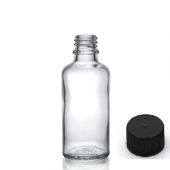 30 ml Şeffaf Cam Şişe Siyah Plastik Düz Kapaklı