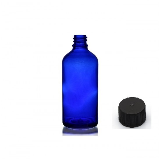 50 ml Mavi (Kobalt) Cam Şişe Siyah Plastik Düz Kapaklı
