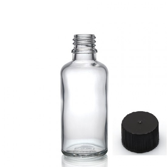 50 ml Şeffaf Cam Şişe Siyah Plastik Düz Kapaklı