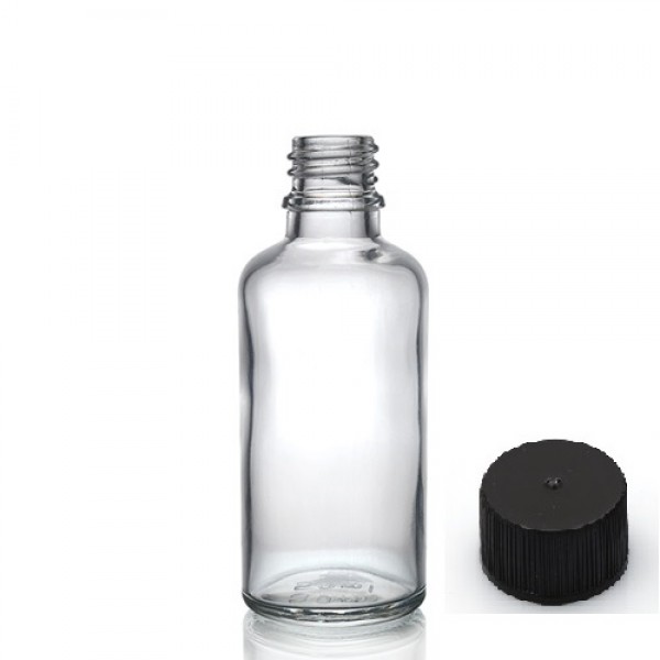 50 ml Şeffaf Cam Şişe Siyah Plastik Düz Kapaklı