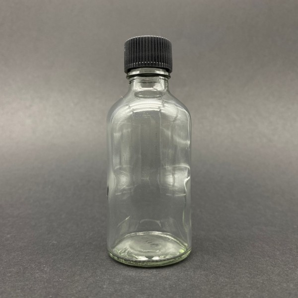 50 ml Şeffaf Cam Şişe Siyah Plastik Düz Kapaklı