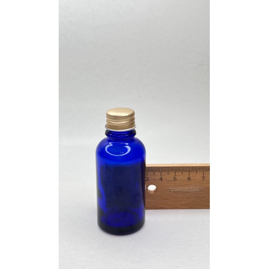 30 ml Mavi Cam Şişe Gold Metal Düz Kapaklı