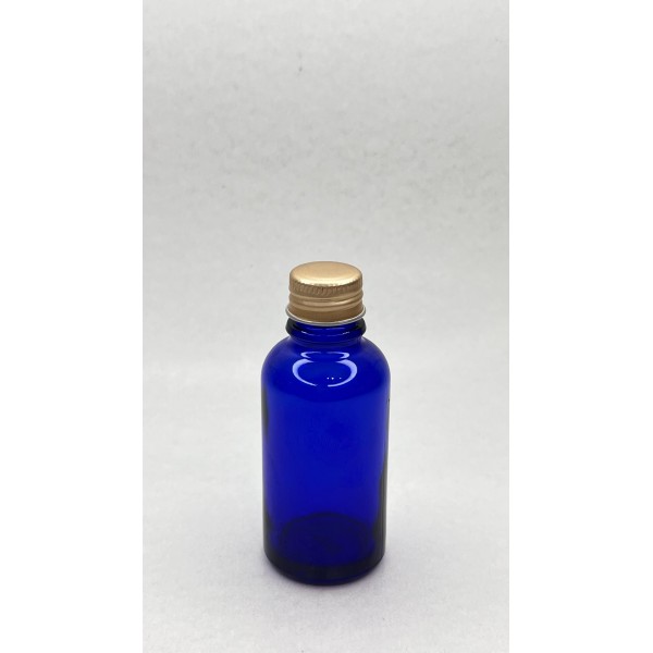 30 ml Mavi Cam Şişe Gold Metal Düz Kapaklı