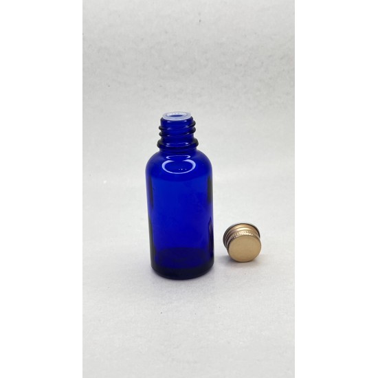 30 ml Mavi Cam Şişe Gold Metal Düz Kapaklı