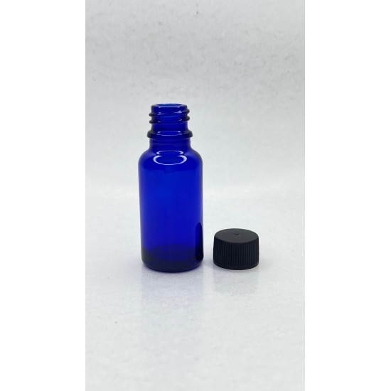 20 ml Mavi (Kobalt) Cam Şişe Siyah Plastik Düz Kapaklı