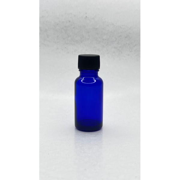 20 ml Mavi (Kobalt) Cam Şişe Siyah Plastik Düz Kapaklı