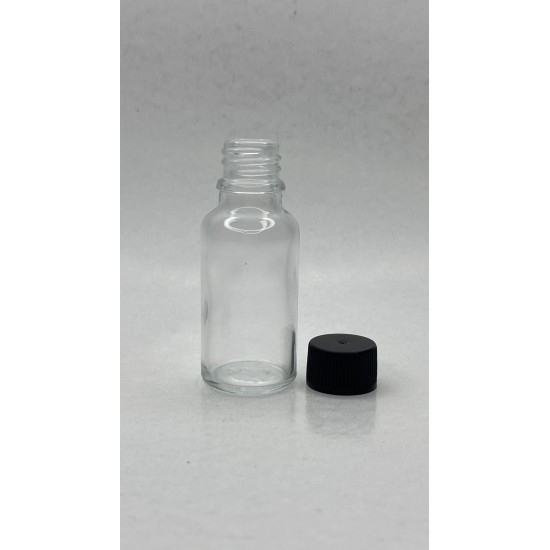 20 ml Şeffaf Cam Şişe Siyah Plastik Düz Kapaklı