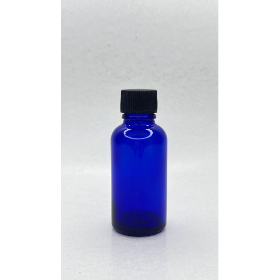 30 ml Mavi (Kobalt) Cam Şişe Siyah Plastik Düz Kapaklı