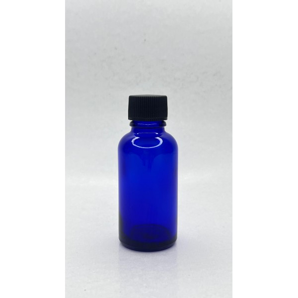 30 ml Mavi (Kobalt) Cam Şişe Siyah Plastik Düz Kapaklı