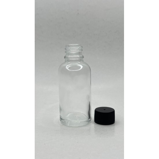 30 ml Şeffaf Cam Şişe Siyah Plastik Düz Kapaklı