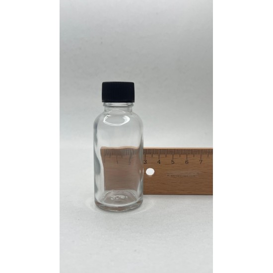 30 ml Şeffaf Cam Şişe Siyah Plastik Düz Kapaklı