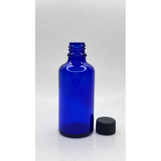 50 ml Mavi (Kobalt) Cam Şişe Siyah Plastik Düz Kapaklı