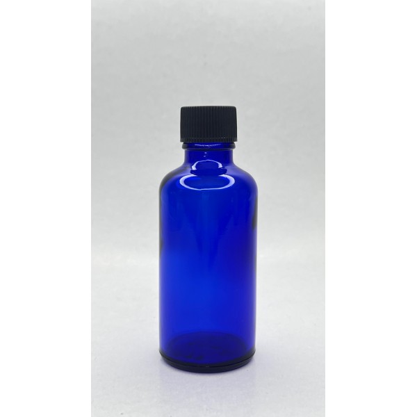 50 ml Mavi (Kobalt) Cam Şişe Siyah Plastik Düz Kapaklı