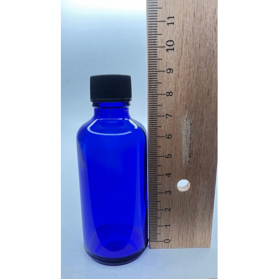 50 ml Mavi (Kobalt) Cam Şişe Siyah Plastik Düz Kapaklı
