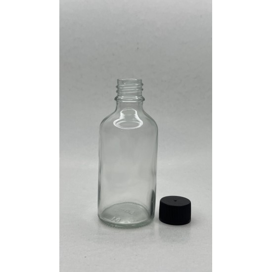 50 ml Şeffaf Cam Şişe Siyah Plastik Düz Kapaklı