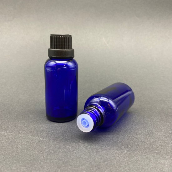 30 ml Mavi İçten Damlalıklı Cam Şişe Siyah Kapak