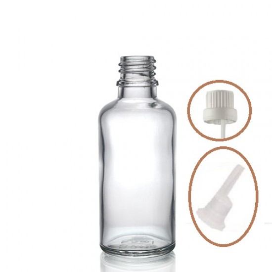 50 ml Şeffaf Cam İçten Damlalıklı Şişe Beyaz Kapak