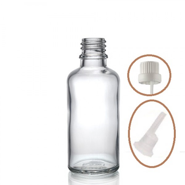 50 ml Şeffaf Cam İçten Damlalıklı Şişe Beyaz Kapak